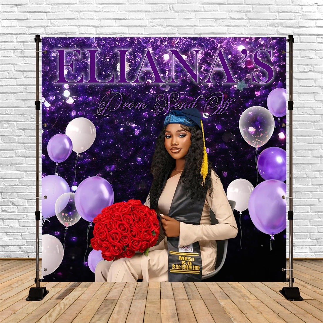 Prom Send Off Backdrop Ideas Purple Glitter Balloon Rose Custom Graduation Backdrop RR63-21