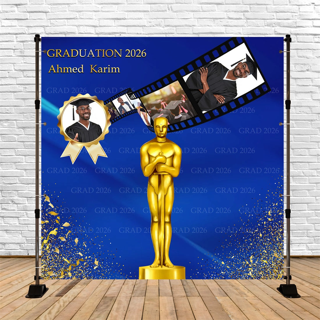 Custom Graduation Backdrop Blue Gold Trophy Filmstrip Graduation Party