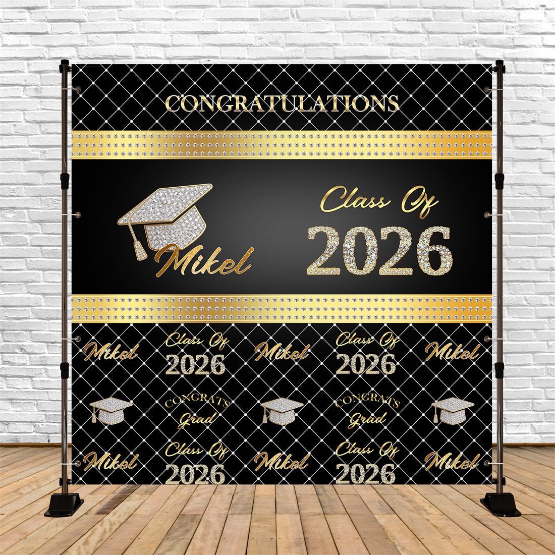Custom Graduation Backdrop Black Gold Diamond Pattern Class Of 2026 Graduation Backdrop RR63-27
