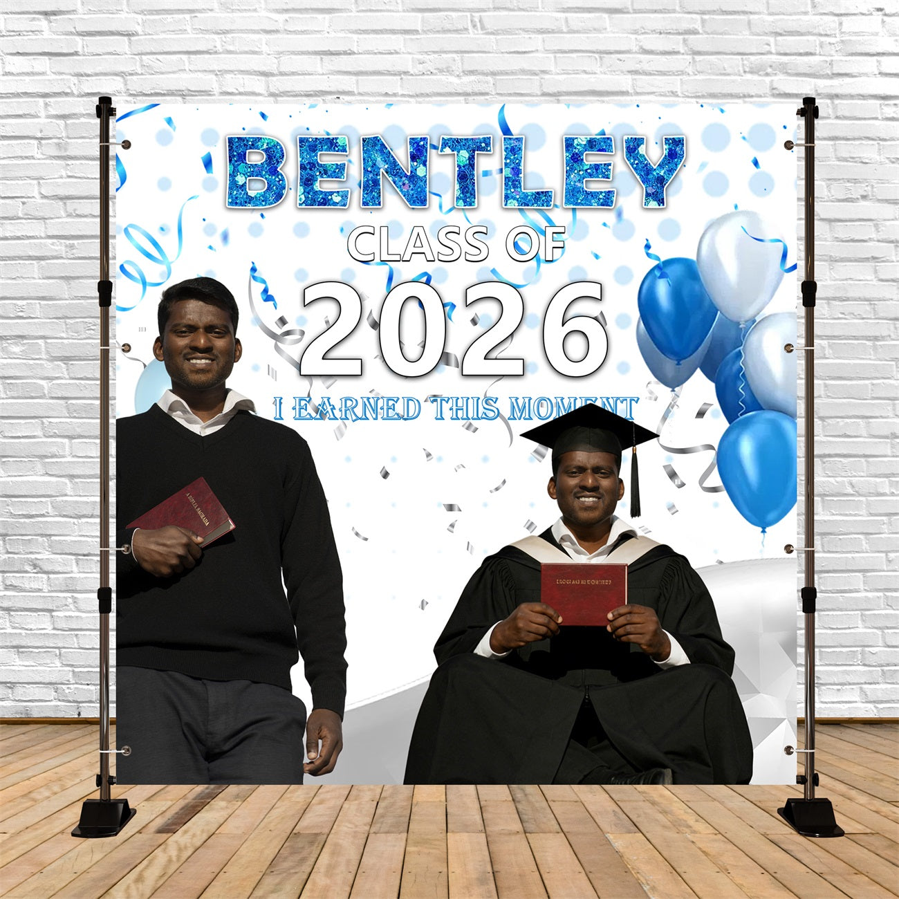 Graduation Backdrop Design Blue Glitter Confetti Balloons Backdrop For Graduation Party RR63-28