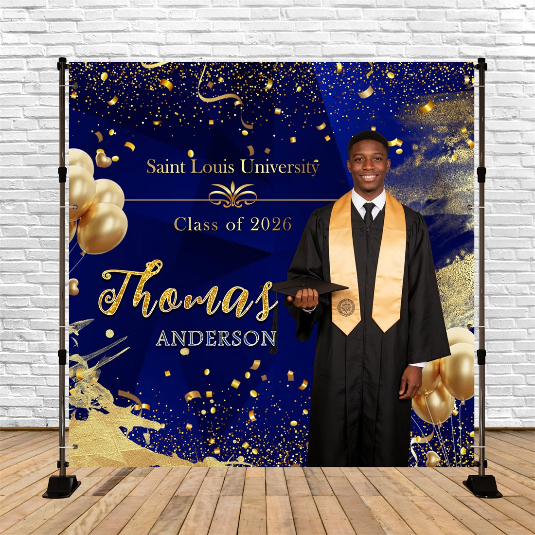 2026 Graduation Backdrop Royal Blue Gold Balloons Confetti Custom Graduation Party Backdrop RR63-31