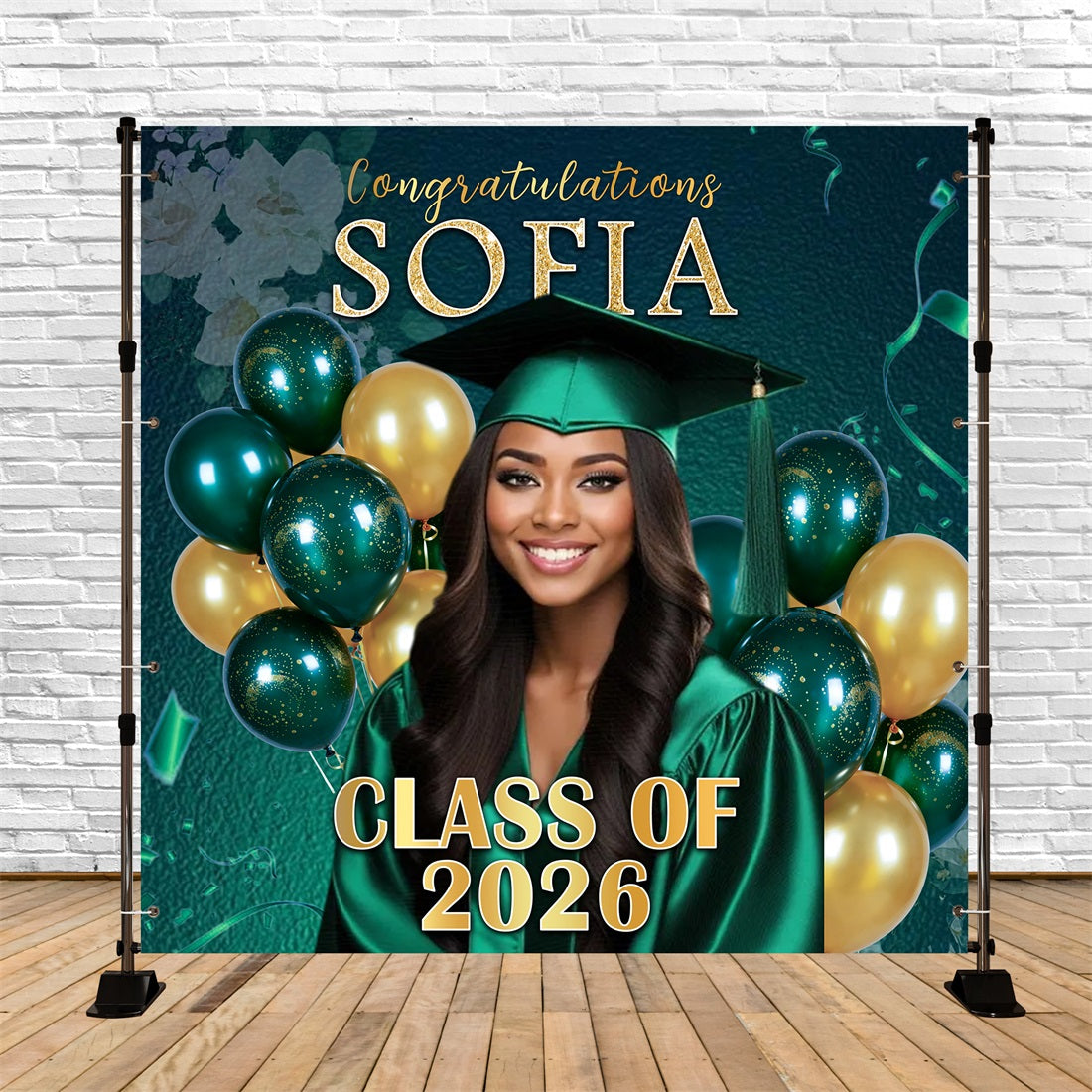 Metallic Balloons Graduation Backdrop Green Gold Decor Celebration 2026 Graduation Backdrop RR63-41