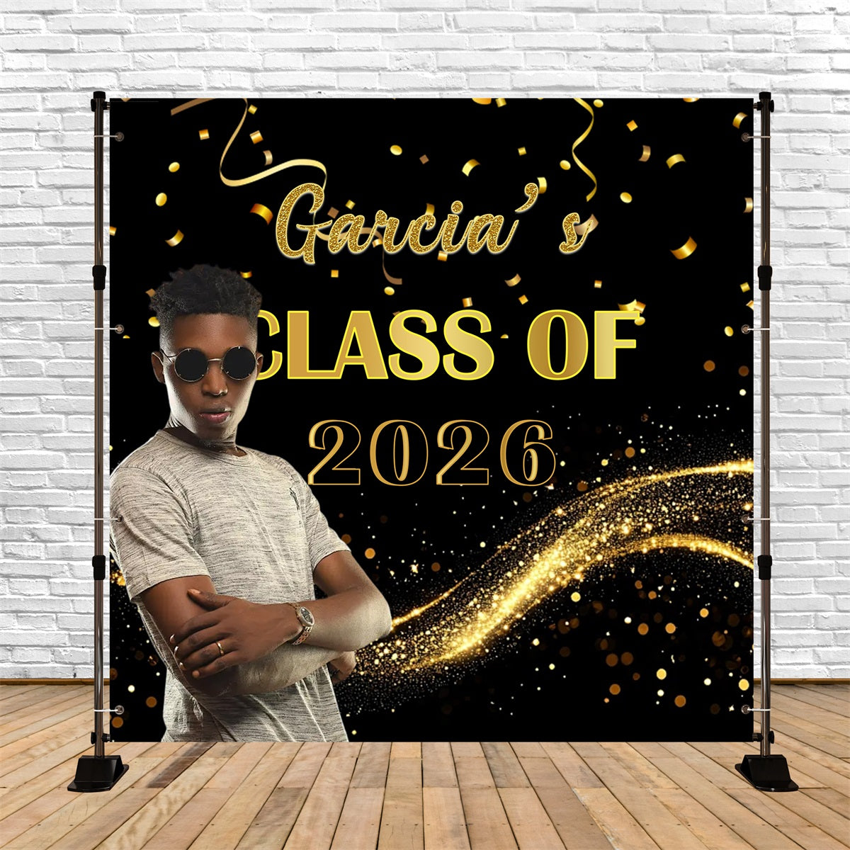 Black Gold Graduation Backdrop Gold Confetti Celebration Moment Graduation Backdrop Design RR63-45