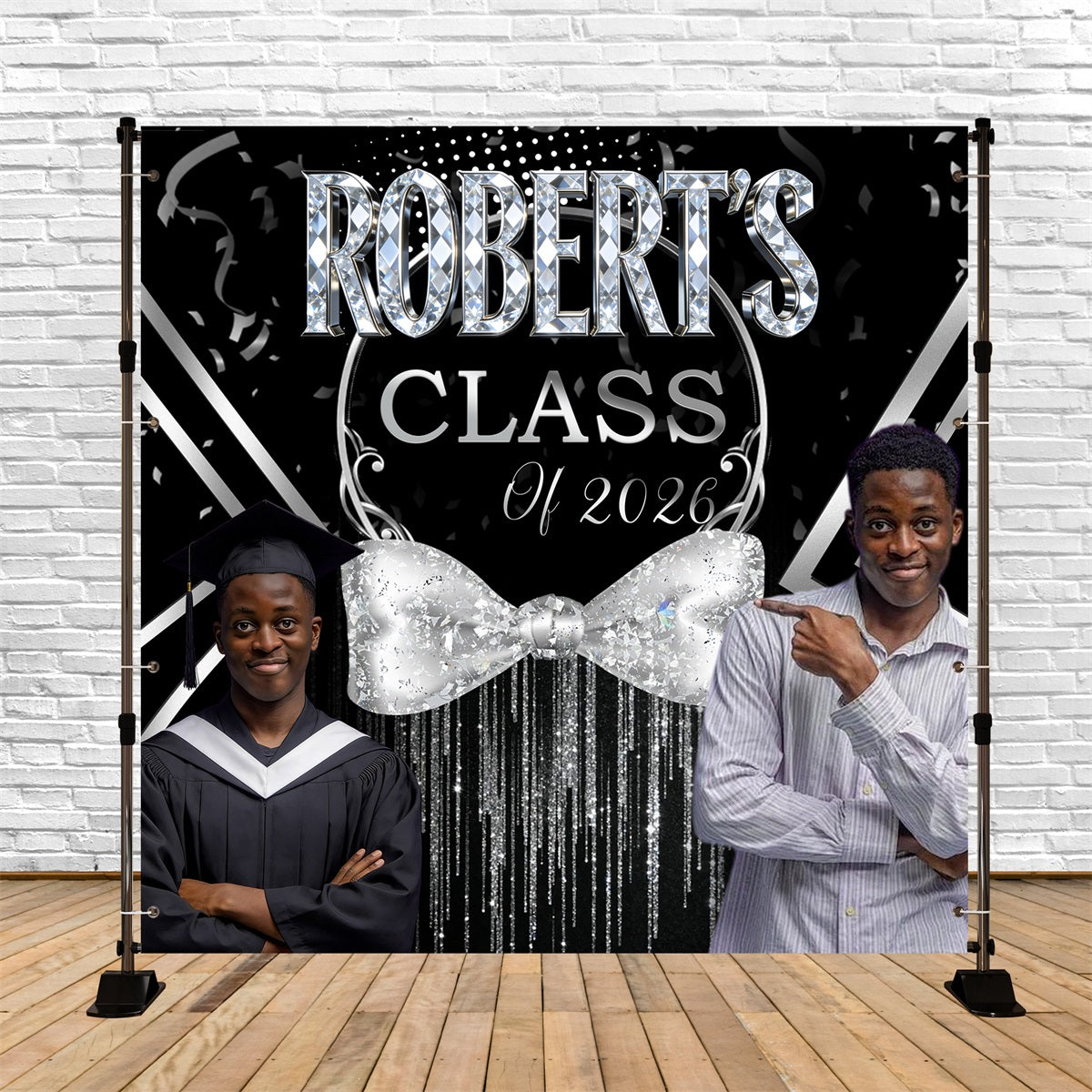 Dreamy Glow Graduation Backdrop Glitter Silver Bowtie Tassel School Graduation Backdrop Ideas RR63-51