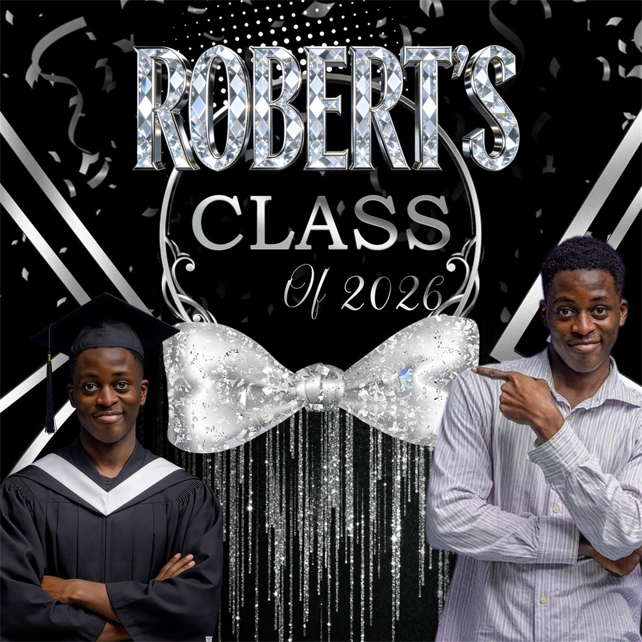 Dreamy Glow Graduation Backdrop Glitter Silver Bowtie Tassel School Graduation Backdrop Ideas RR63-51