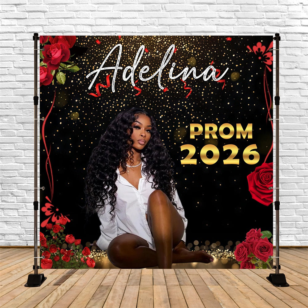 Rose Prom Party Backdrop Gold Sparkles Red Flowers 2026 Prom Backdrop RR63-58