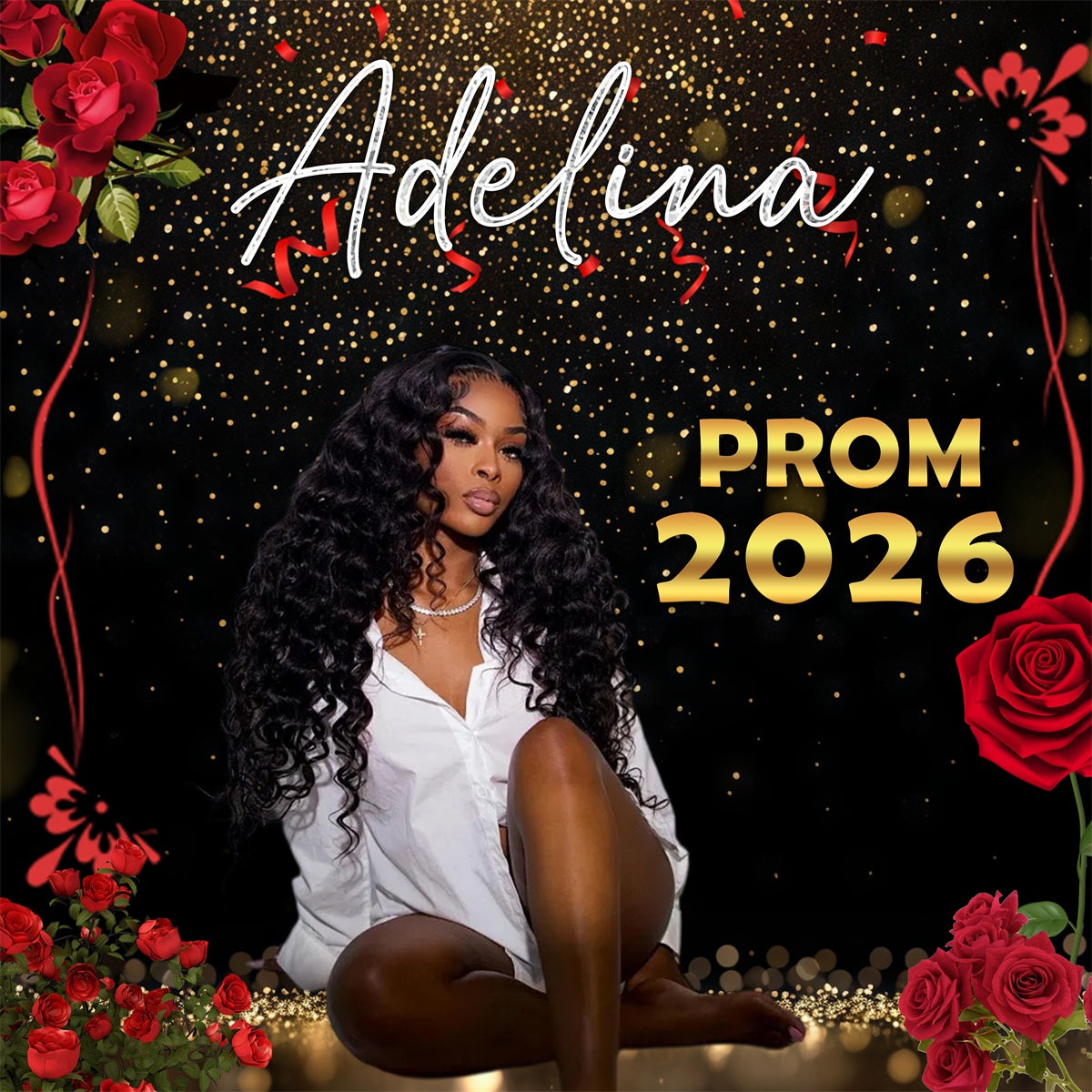 Rose Prom Party Backdrop Gold Sparkles Red Flowers 2026 Prom Backdrop RR63-58