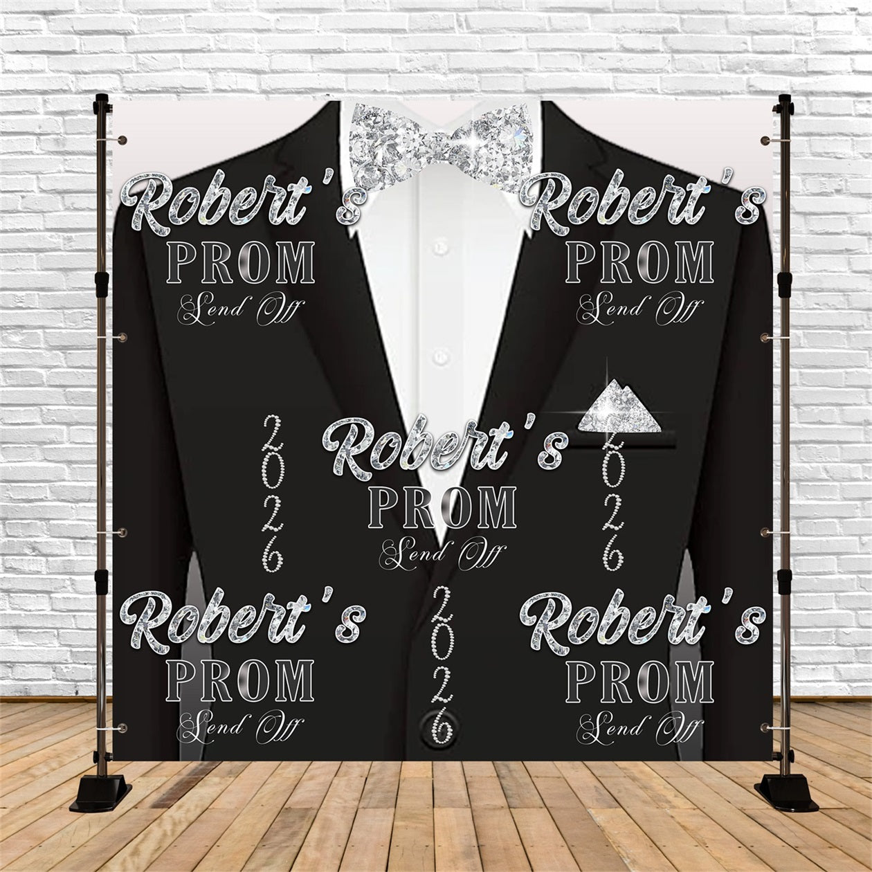Prom Send Off Backdrop Black Tuxedo Diamond Bowtie Graduation Party Backdrop Ideas RR63-6