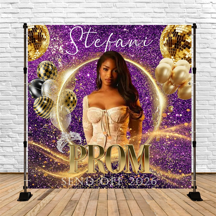 Disco Ball Prom Party Backdrop Purple Shimmer Metallic Balloons Prom Send Off Backdrops RR63-62