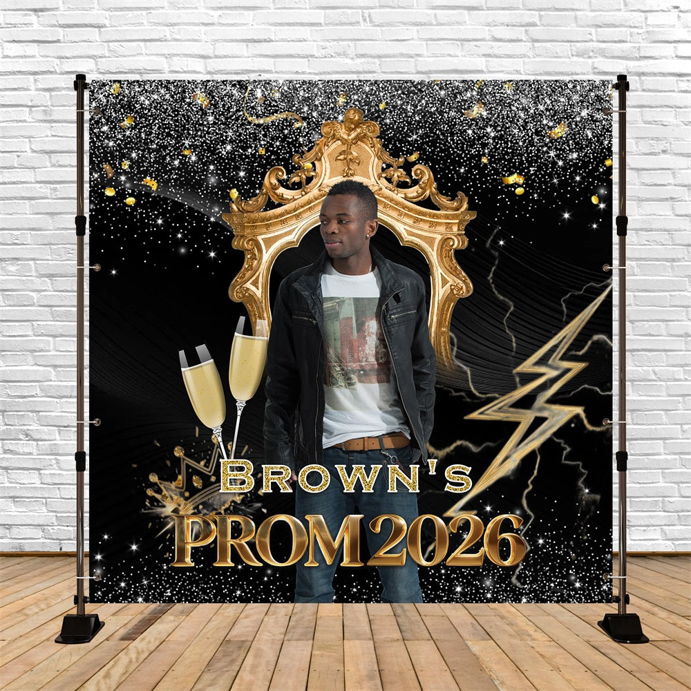 Silver And Black Prom Backdrop Golden Throne Champagne Glasses Prom 2026 Backdrop RR63-64