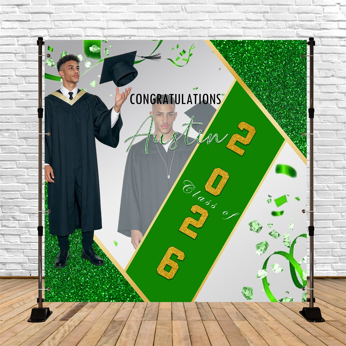 College Graduation Backdrop Green Glitter Celebration Moment Backdrop