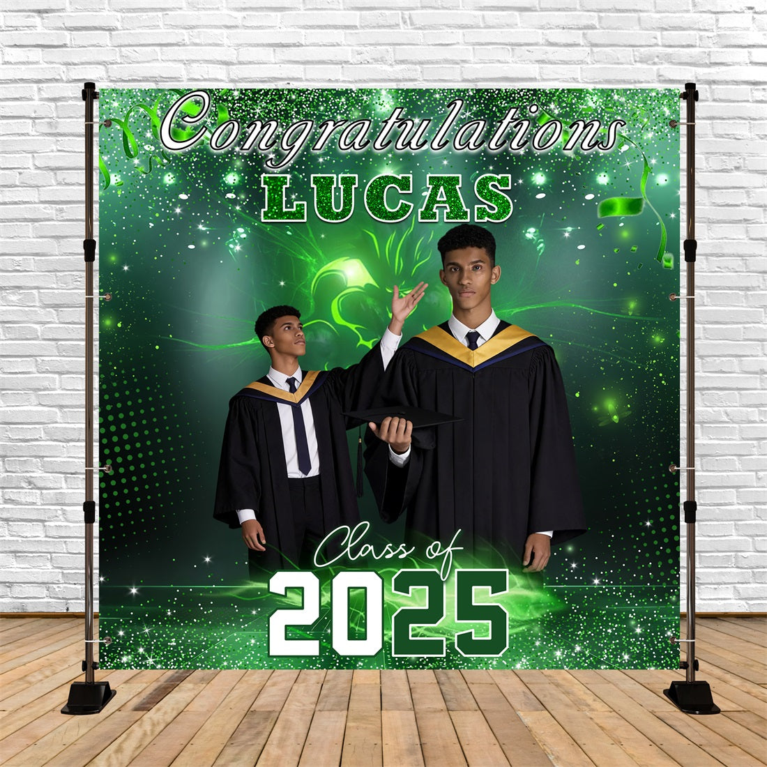 Future Tech Grad Graduation Backdrop Green Glitter Ribbon Backdrop Gra