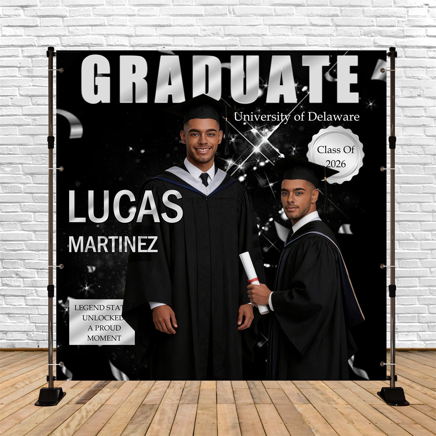 Simple Graduation Backdrop Ideas Sliver Glitter Ribbon Personalized Backdrop For Graduation RR63-73