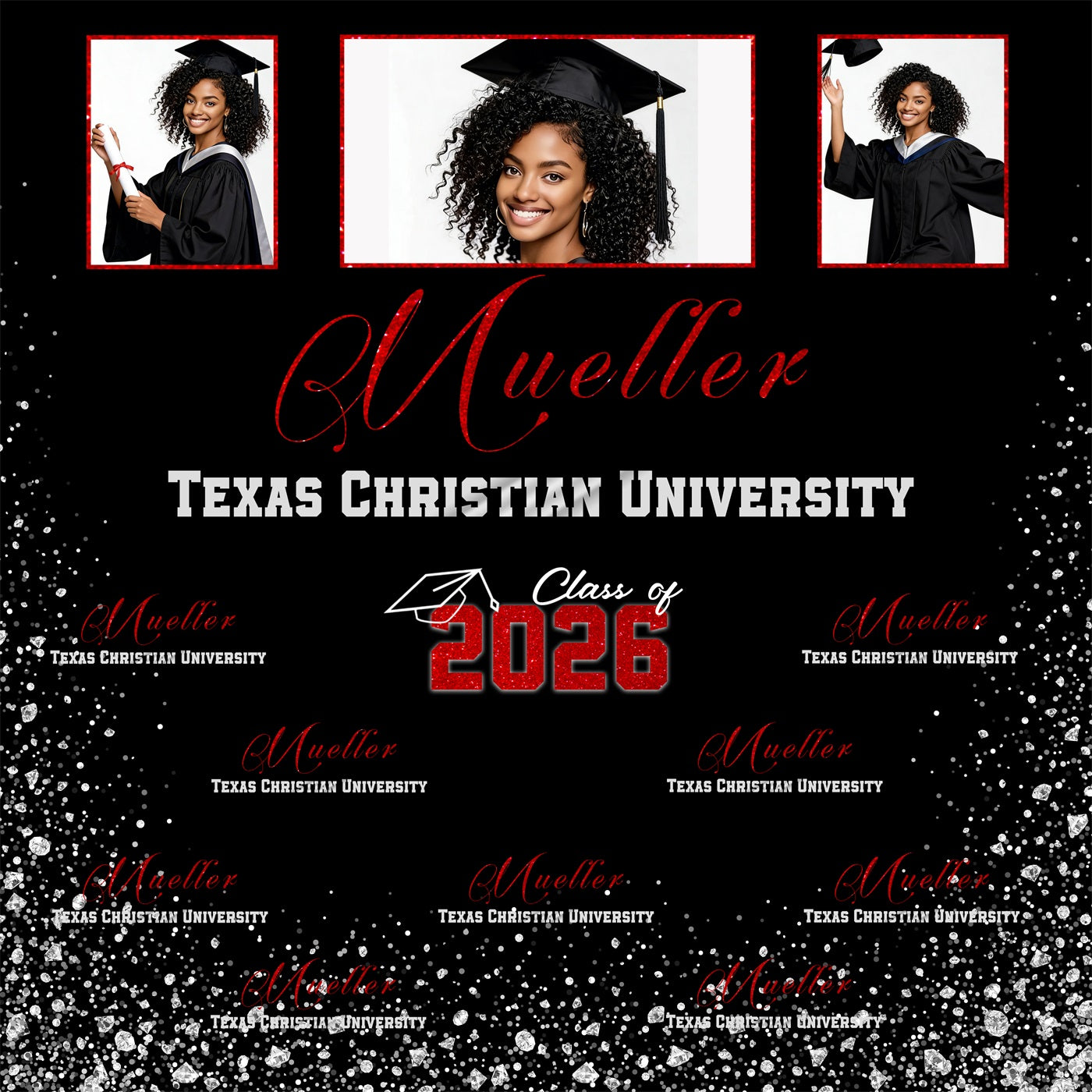 Memory Collage Graduation Backdrop Sliver Glitter Diamond Graduation Backdrop RR63-74