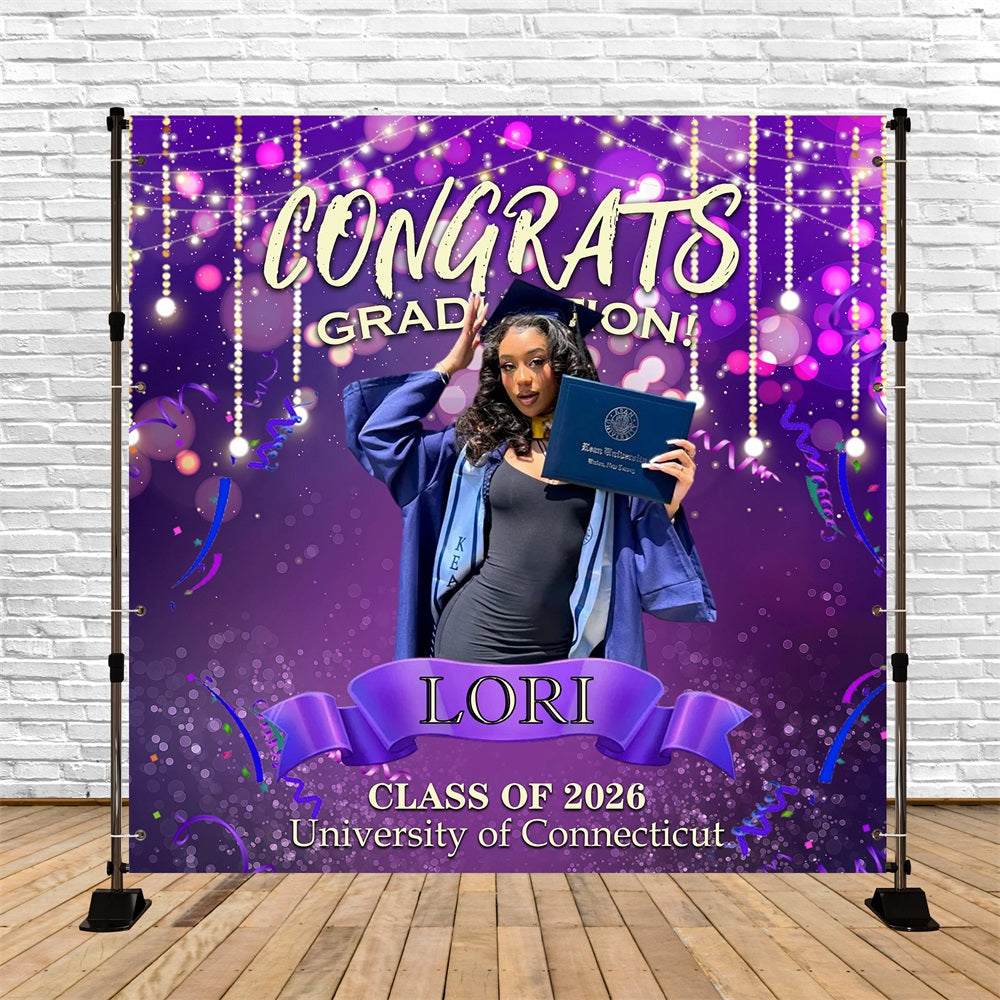 Purple Graduation Backdrop Ribbons Bokeh Crystal Beads Graduation Party Backdrop RR63-75