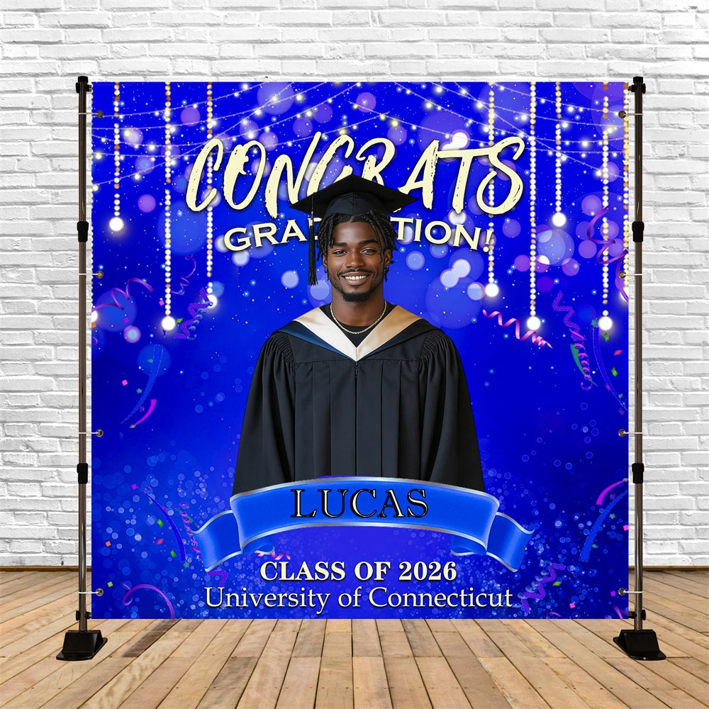 Graduation Backdrop Blue Crystal Beads Glitter Bokeh Backdrop For Grad