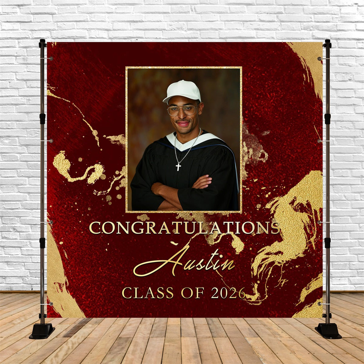 Yearbook Style Graduation Backdrop Red Gold Class of 2026 Custom Graduation Backdrop RR63-79