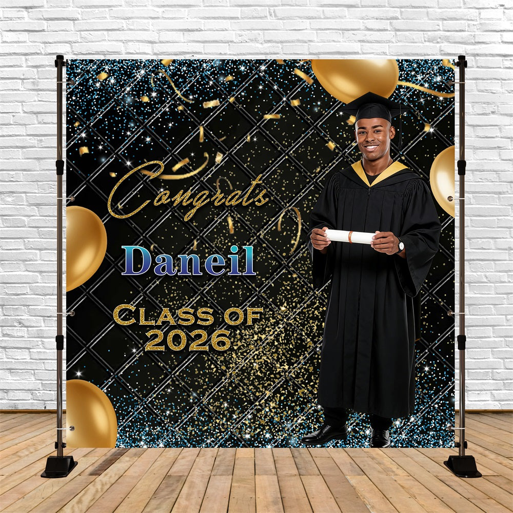 Balloons Graduation Backdrop Gold Ribbons Glitter Personalized Graduation Backdrop RR63-80