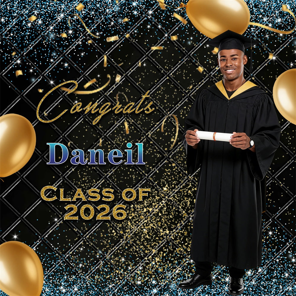 Balloons Graduation Backdrop Gold Ribbons Glitter Personalized Graduation Backdrop RR63-80