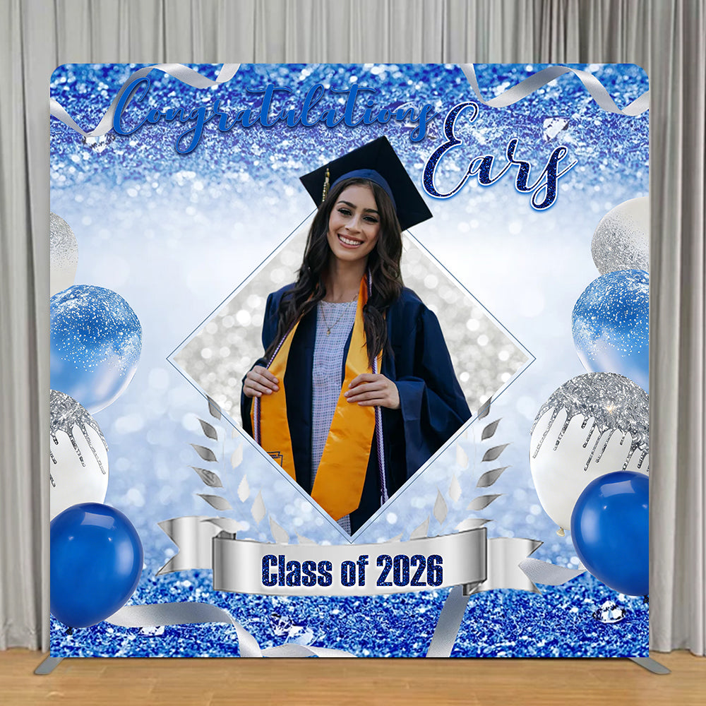 Blue Graduation Tension Backdrop Silver Glitter Balloon Bokeh Class Of 2026 Backdrop RR63-82