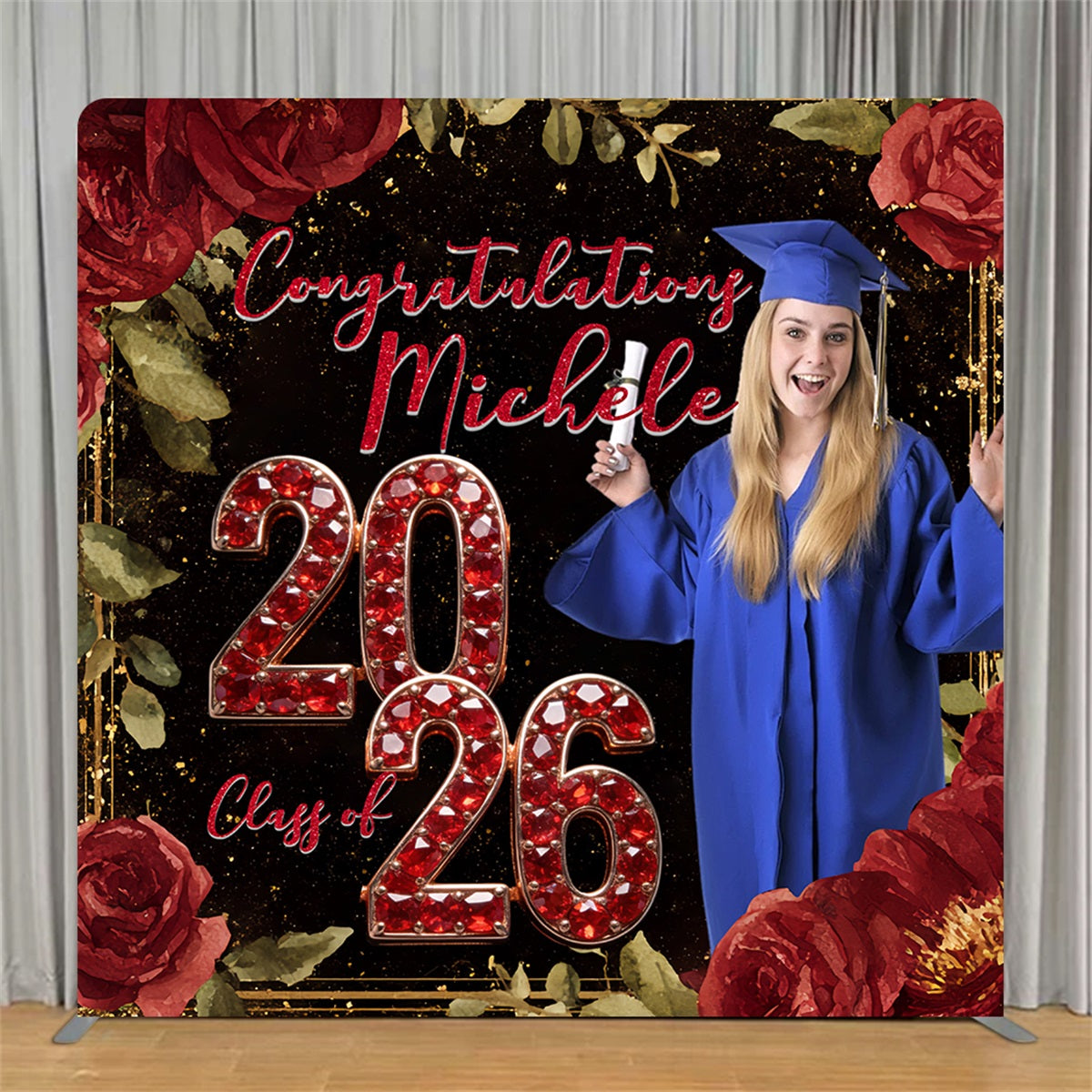 Floral Graduation Backdrop Red Rose Luxury Glitter Rose 8x8 Tension Fabric Backdrop RR63-83