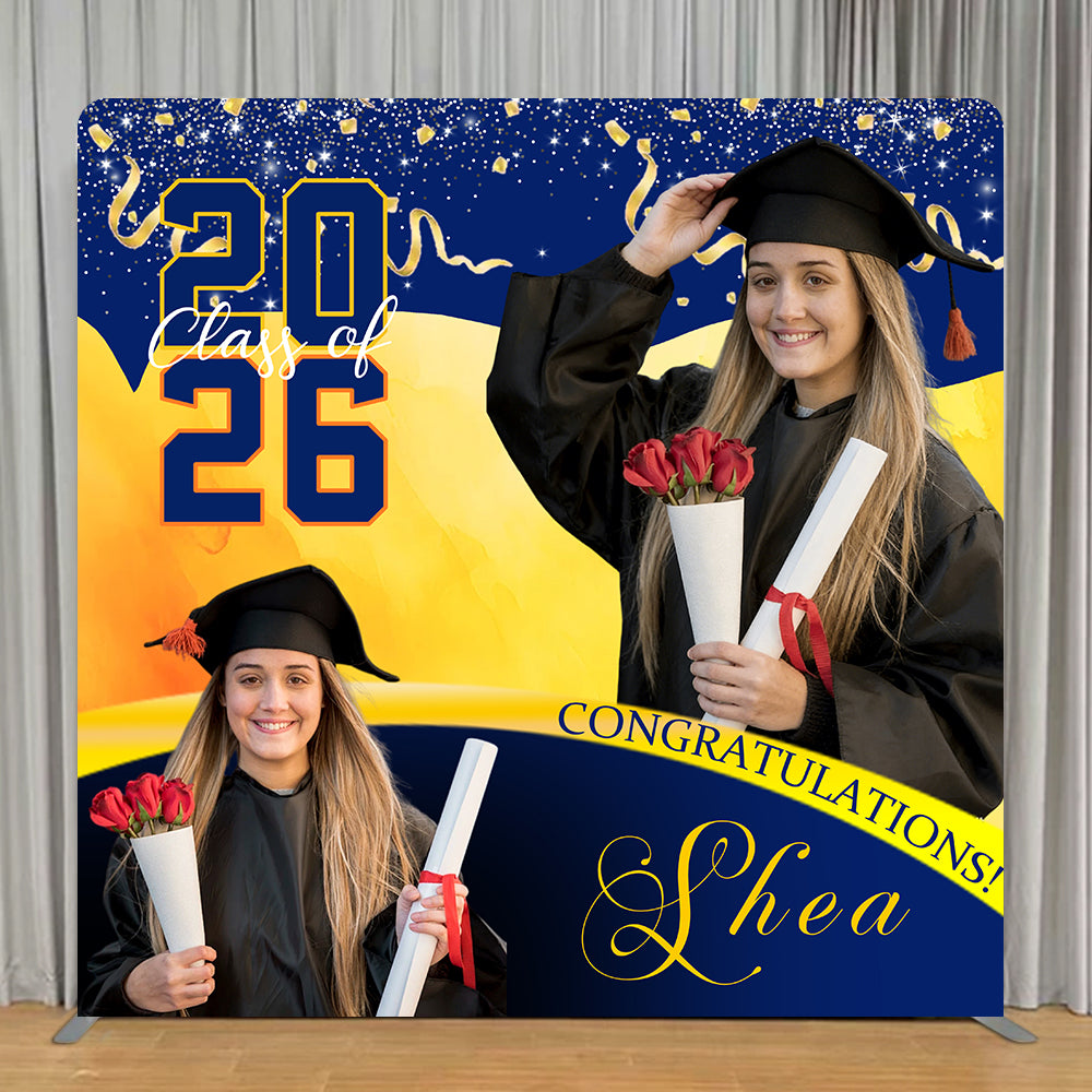 High School Graduation Backdrop Blue Yellow Star Confetti Design 8x8 Tension Fabric Backdrop RR63-88