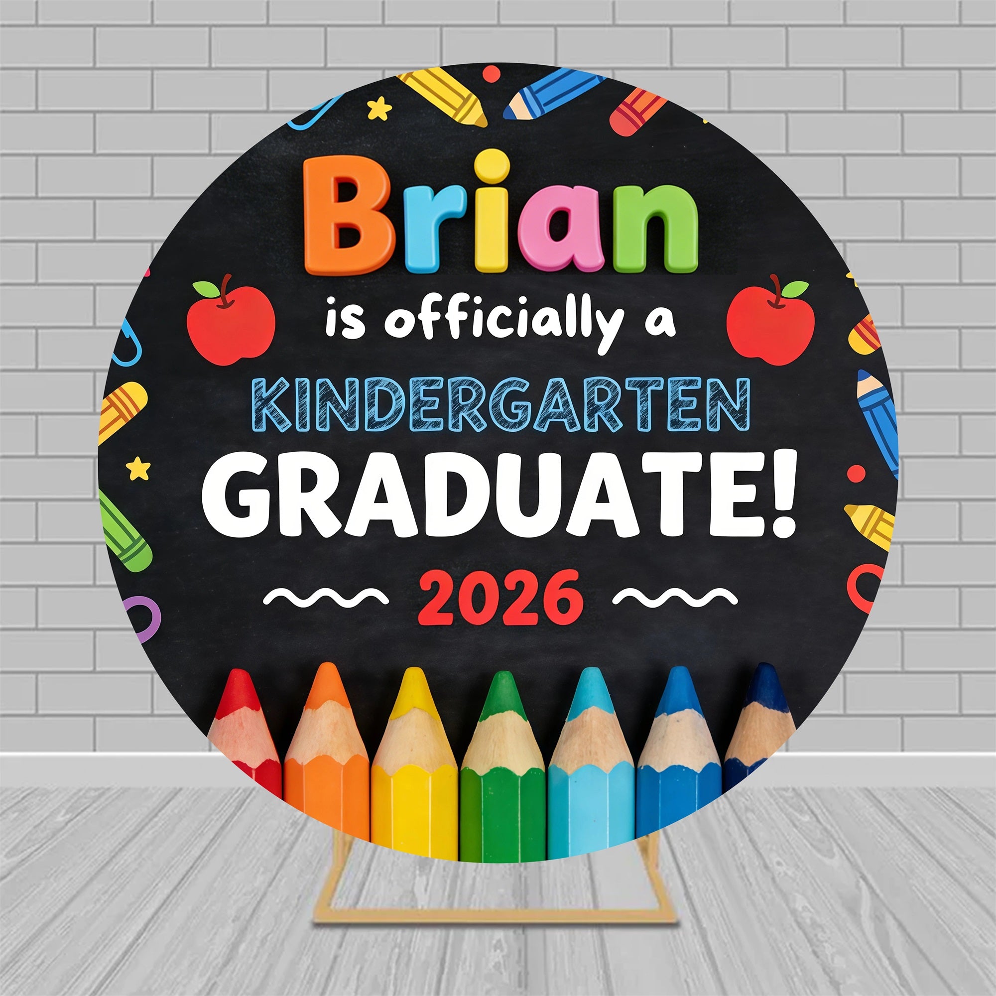 Prek Graduation Backdrop Colorful Pencil Blackboard Kindergarten Personalized Round Backdrop RR63-90