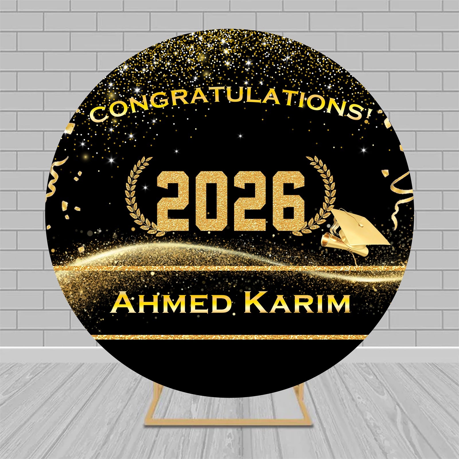 Class Of 2026 Backdrop Gold Glitter Laurel Elegant Design Custom Round Backdrop RR63-91