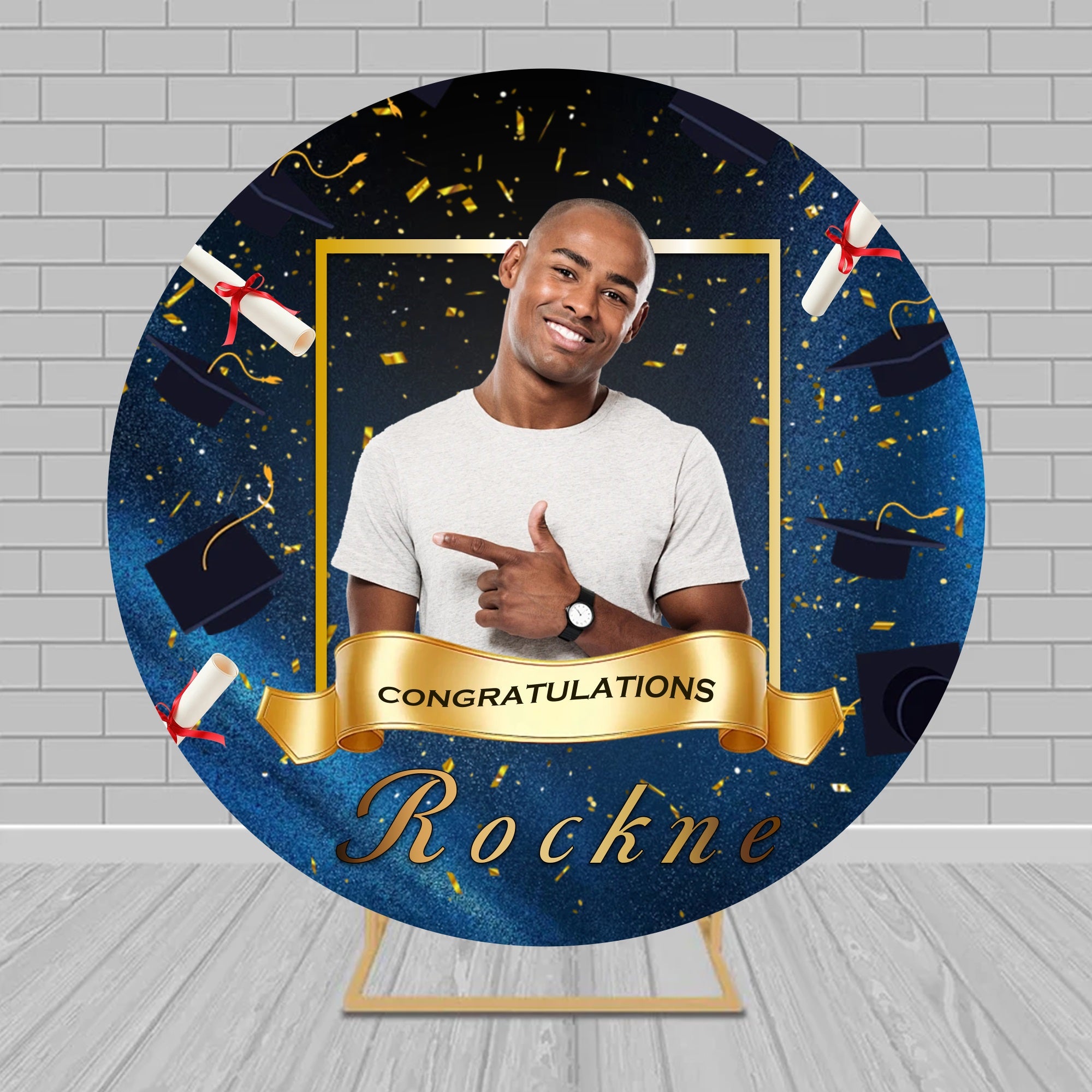 Photo Booth Frame Graduation Backdrop Blue Confetti Diploma Cap Custom Round Backdrop Cover RR63-92