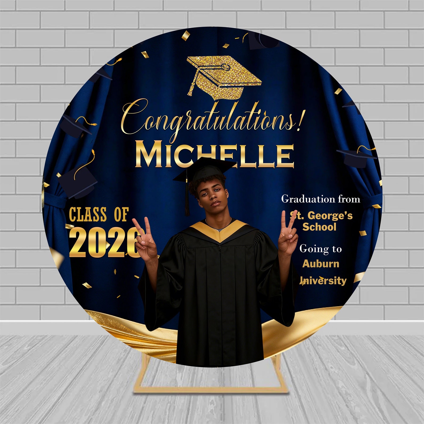 Graduation Stage Personalized Round Backdrop Blue Gold Curtain Confetti Class Of 2026 Backdrop RR63-97