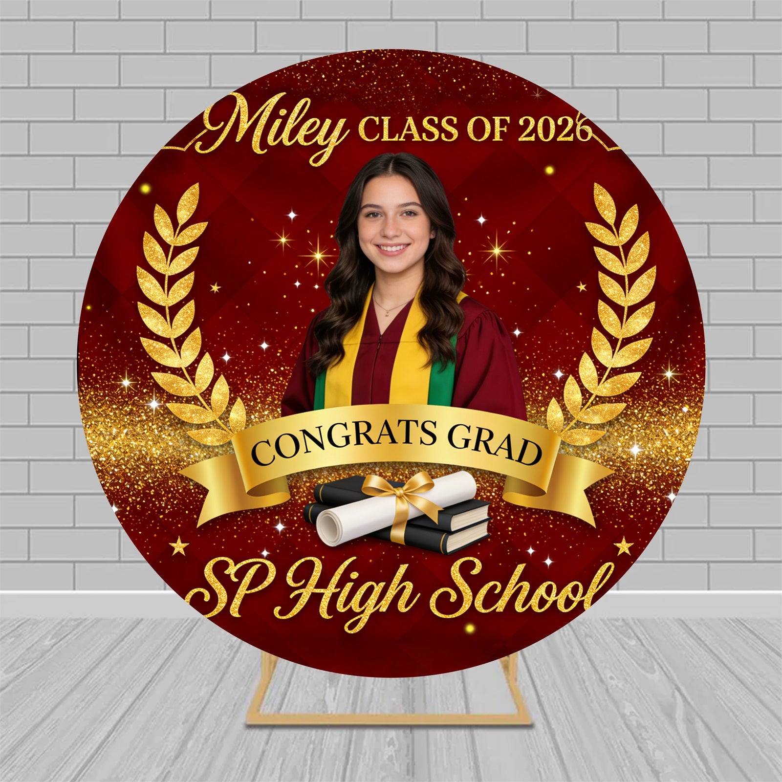 Podium Graduation Backdrop Red Gold Glitter Laurel Diploma Round Photo Backdrop RR63-98