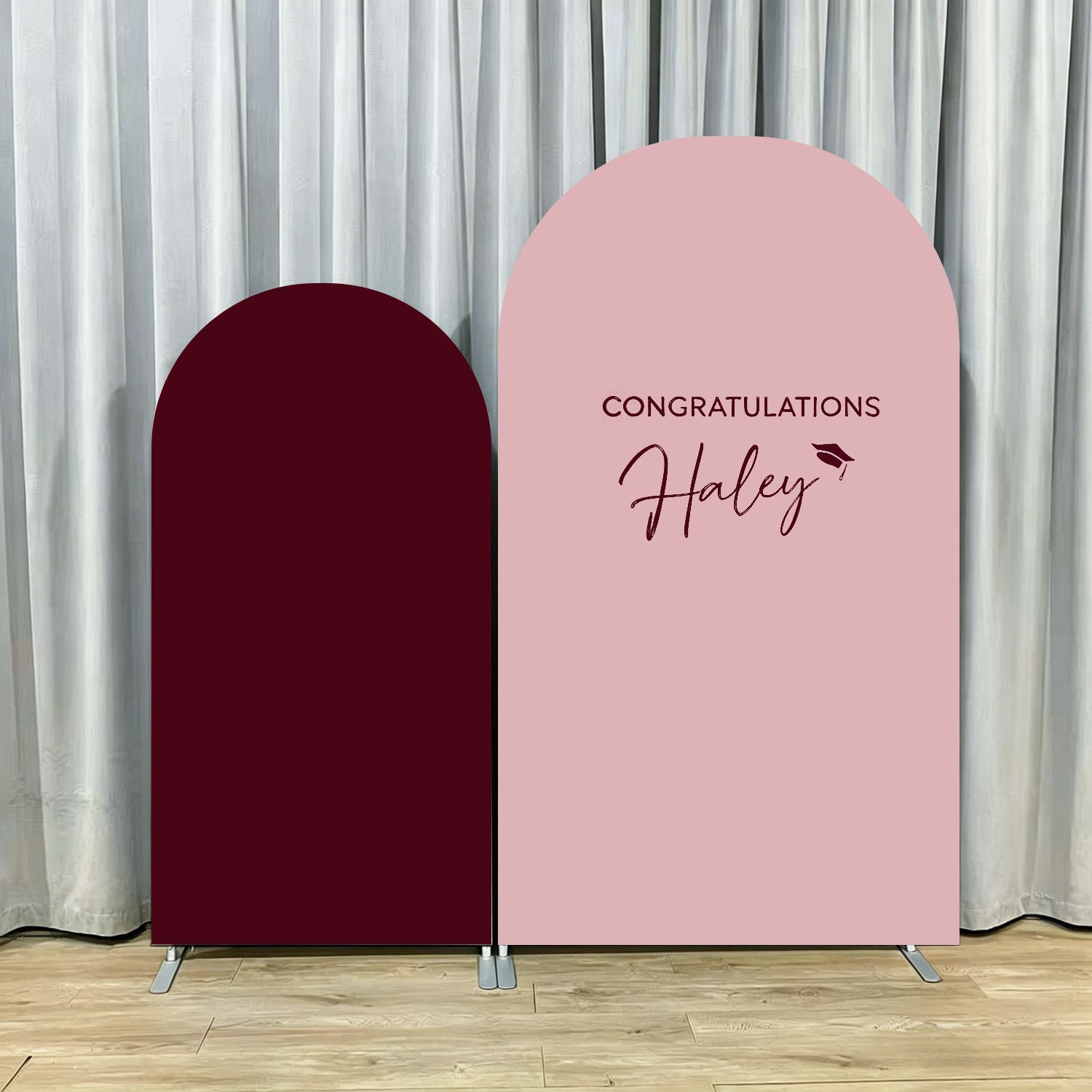 Graduation Arch Backdrop Set Burgundy Pink Haley Dual Arch Graduation Arch Backdrop With Stand RR64-12