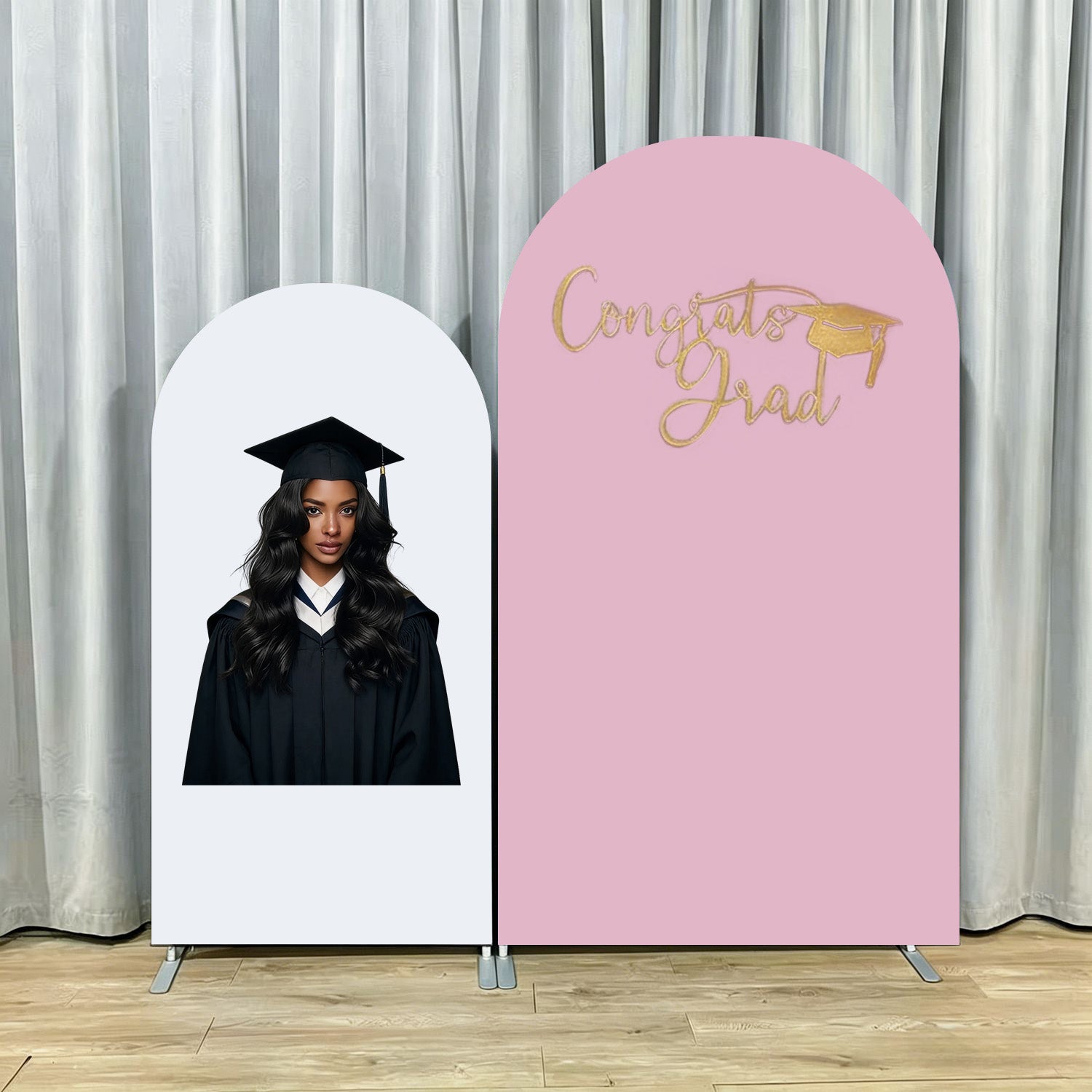 Graduation Backdrop With Picture Pink Gold Photo Dual Arch Custom Graduation Backdrop With Photo RR64-18
