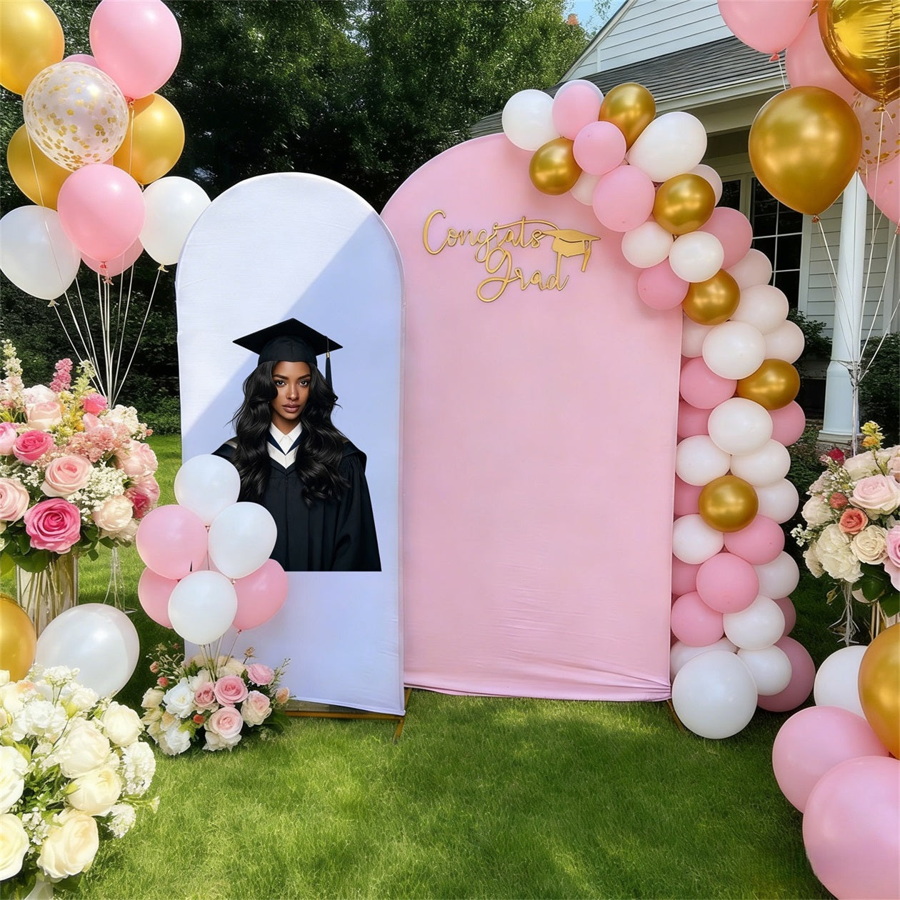 Graduation Backdrop With Picture Pink Gold Photo Dual Arch Custom Graduation Backdrop With Photo RR64-18