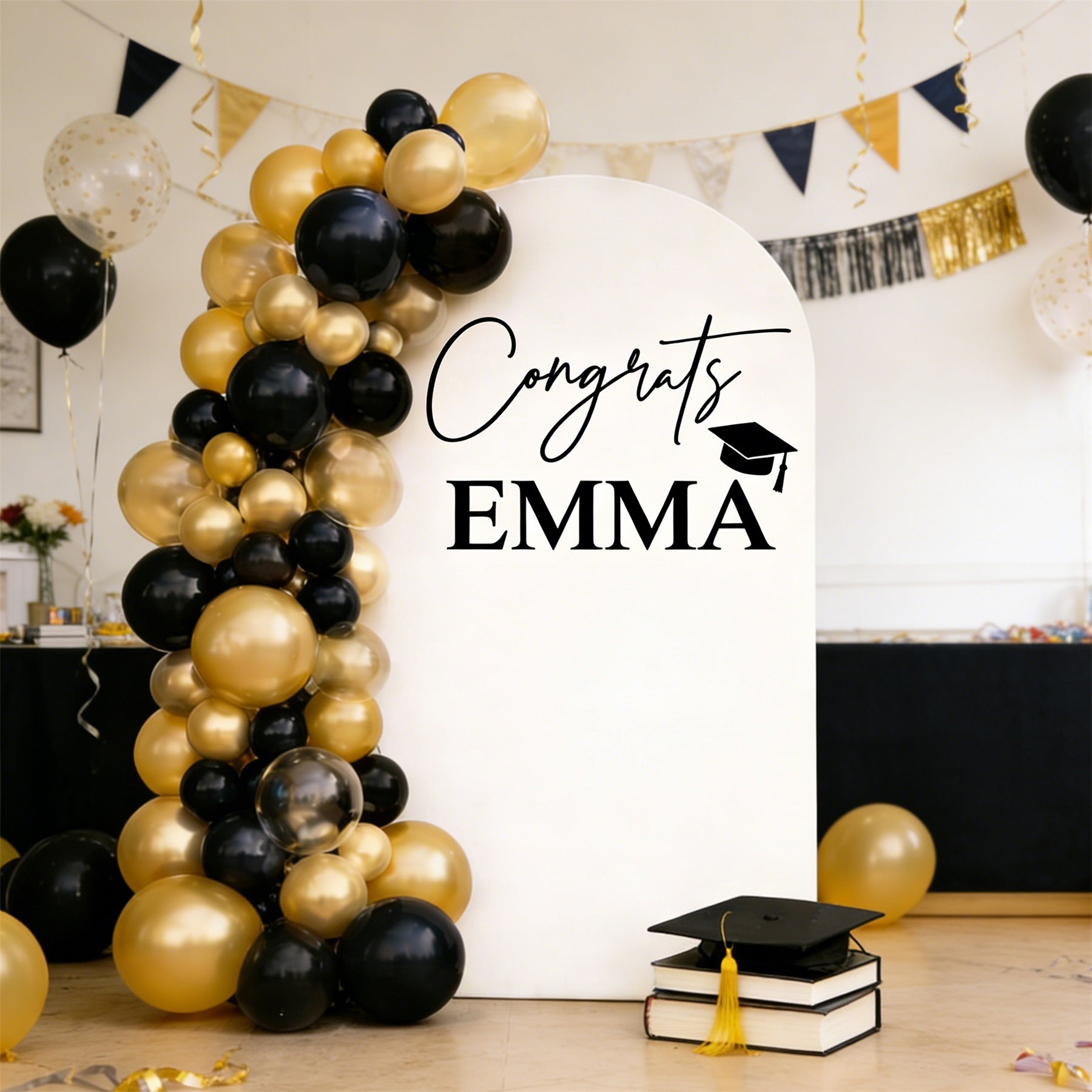Fabric Graduation Arch Backdrop White Black Cap Script Premium Fabric Graduation Arch Backdrop RR64-2