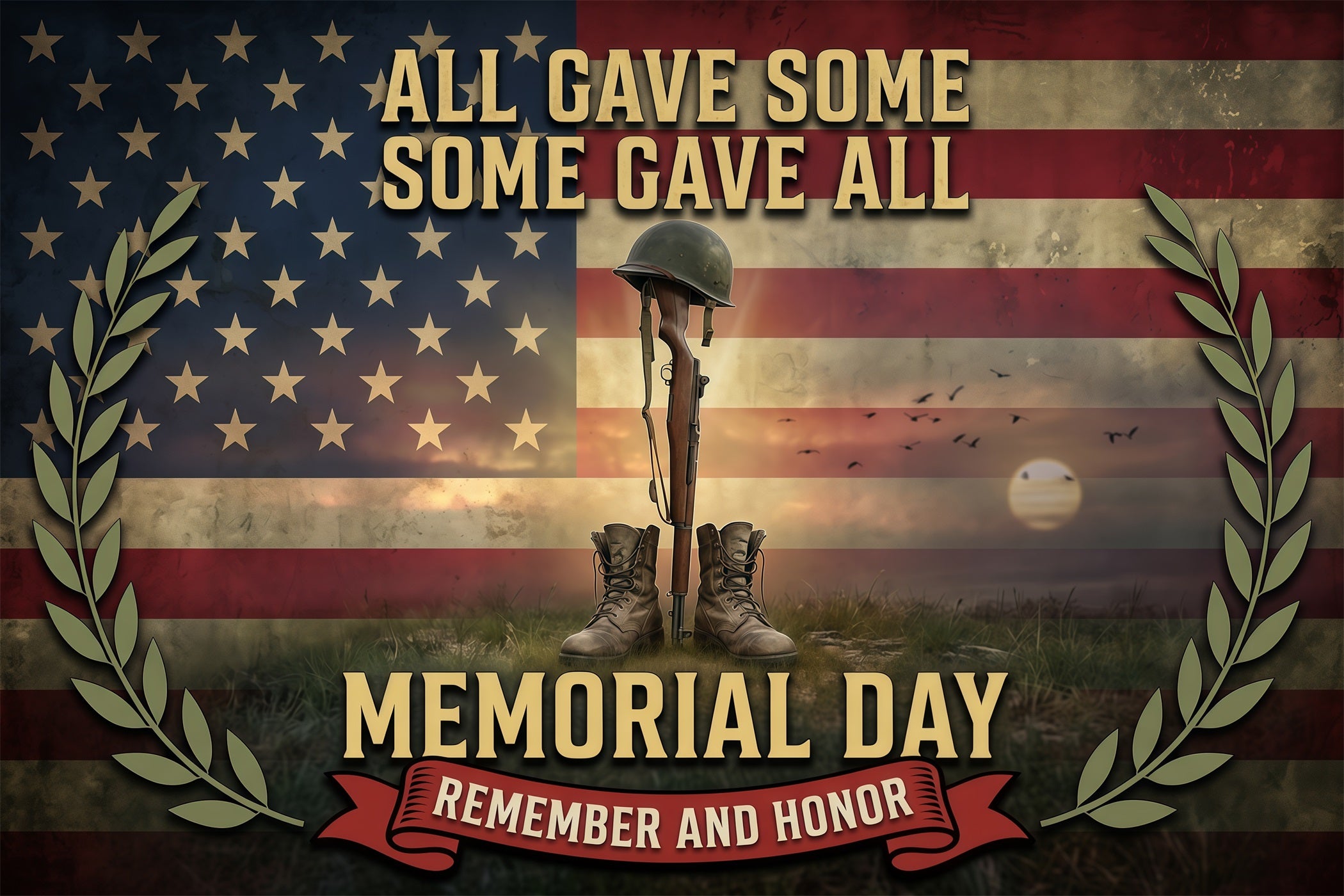 Memorial Day Backdrop America 250th Anniversary Honor Battlefield Boots Memorial Backdrop RR64-21