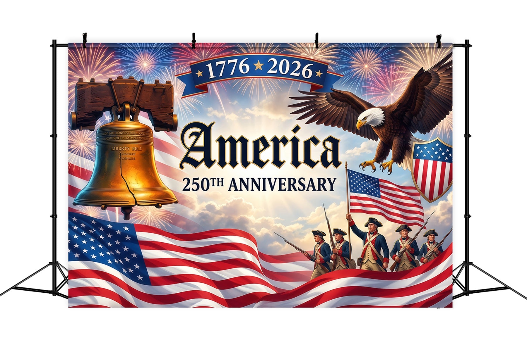 Memorial Day Backdrop Liberty Bell Eagle Fireworks Tribute America 250th Anniversary Memorial Backdrop RR64-22