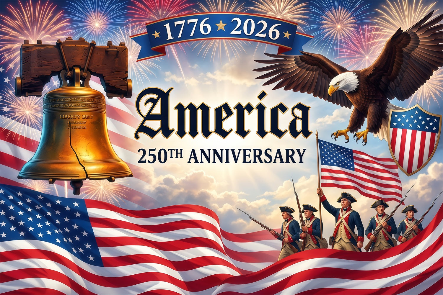 Memorial Day Backdrop Liberty Bell Eagle Fireworks Tribute America 250th Anniversary Memorial Backdrop RR64-22