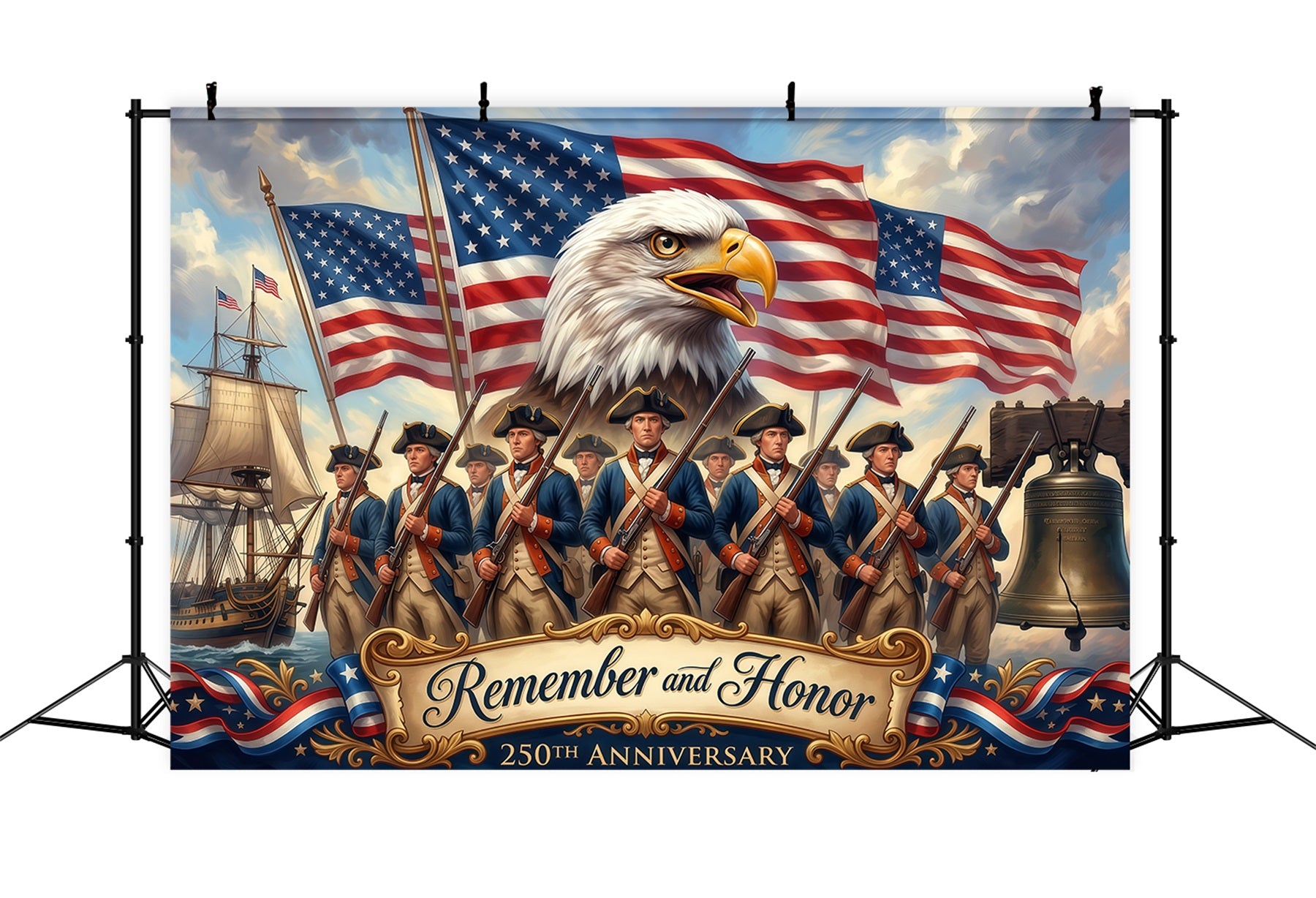 Memorial Day Backdrop Eagle Soldier Flags Liberty Bell America 250th Anniversary Remember And Honor Backdrop RR64-23