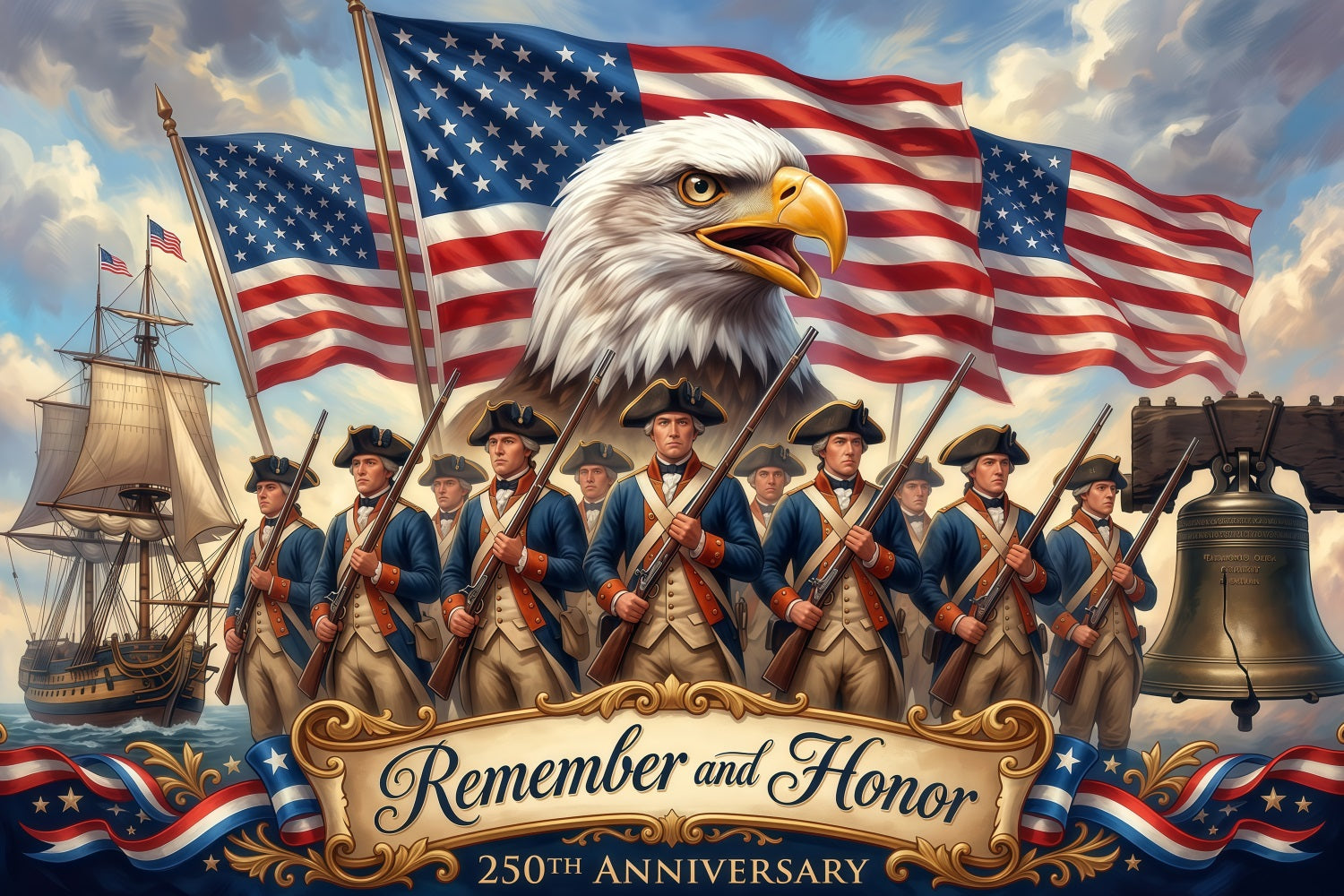Memorial Day Backdrop Eagle Soldier Flags Liberty Bell America 250th Anniversary Remember And Honor Backdrop RR64-23