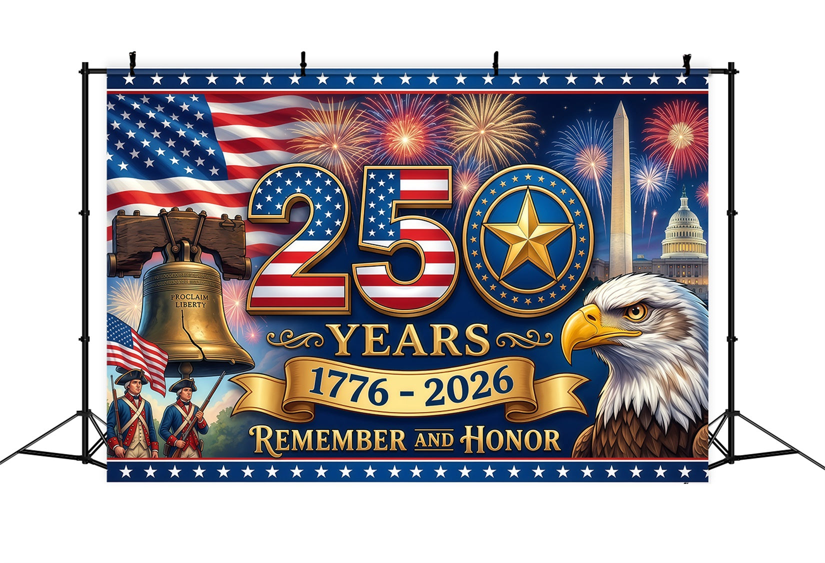 Memorial Day Backdrop Eagle Liberty Bell Fireworks America 250th Anniversary Remember And Honor Backdrop RR64-25