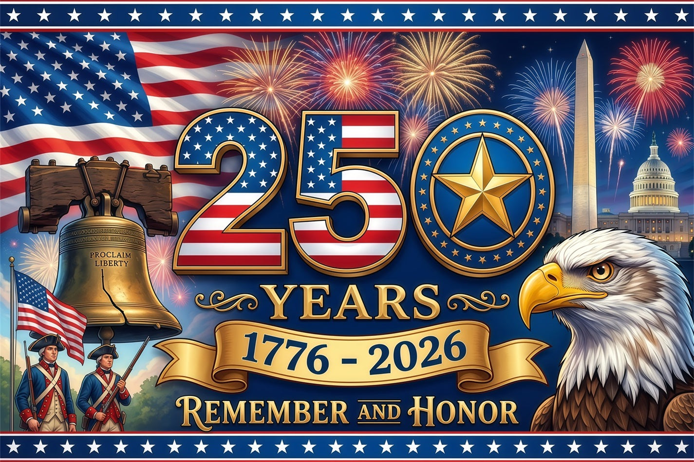 Memorial Day Backdrop Eagle Liberty Bell Fireworks America 250th Anniversary Remember And Honor Backdrop RR64-25