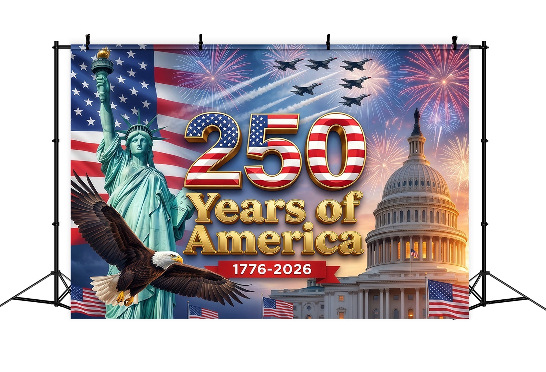 America 250th Anniversary Patriotic Backdrop Liberty Capitol Eagle Fireworks Independence Day Backdrop RR64-26