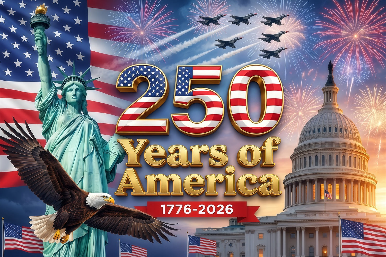 America 250th Anniversary Patriotic Backdrop Liberty Capitol Eagle Fireworks Independence Day Backdrop RR64-26