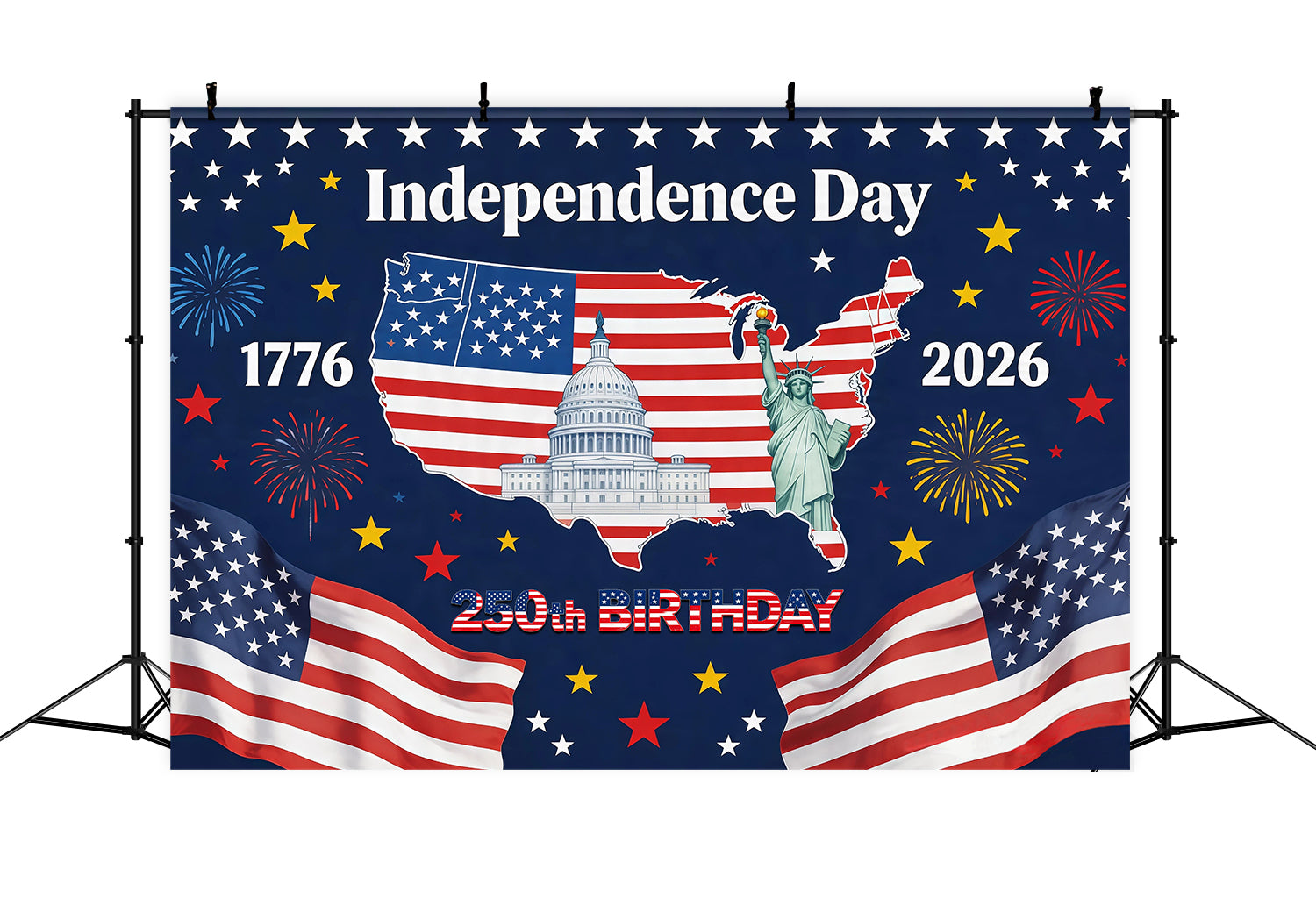America 250th Anniversary Patriotic Backdrop American Map Capitol Fireworks Independence Day Backdrop RR64-28