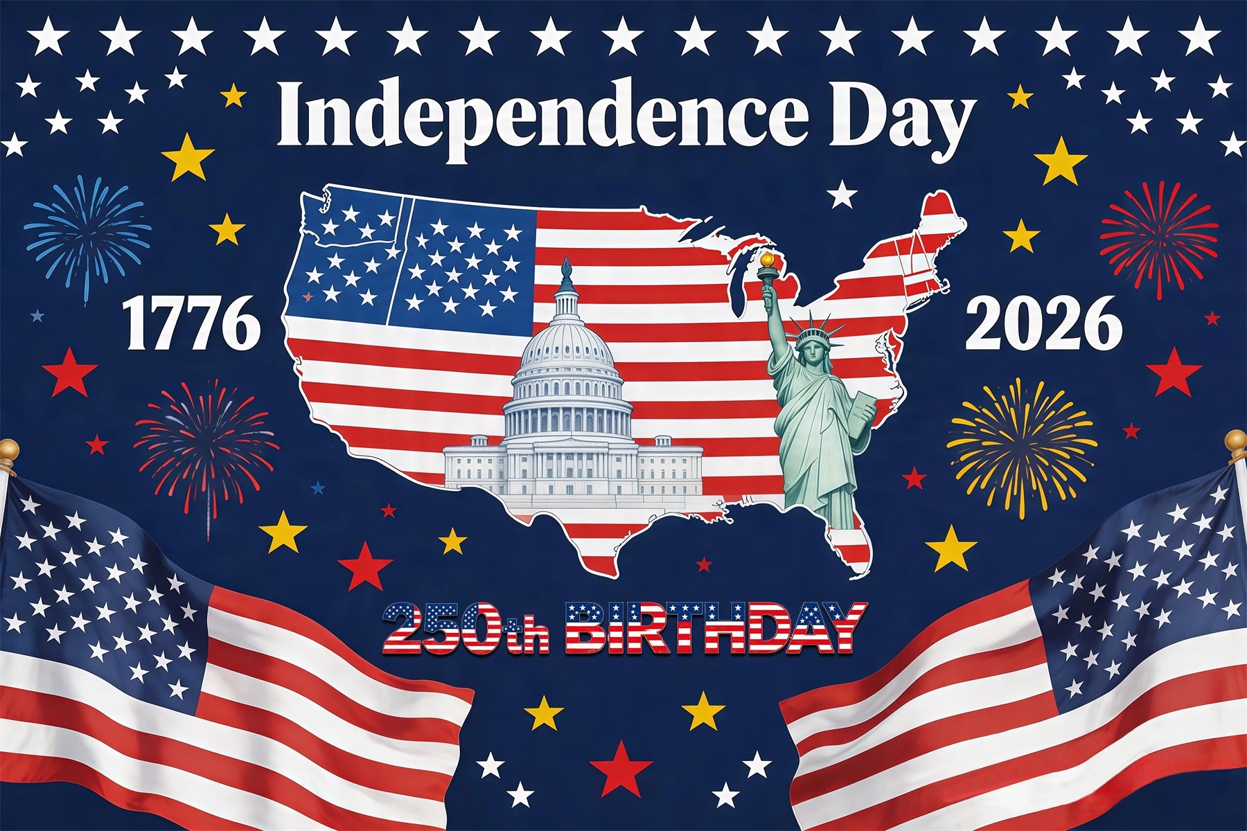 America 250th Anniversary Patriotic Backdrop American Map Capitol Fireworks Independence Day Backdrop RR64-28
