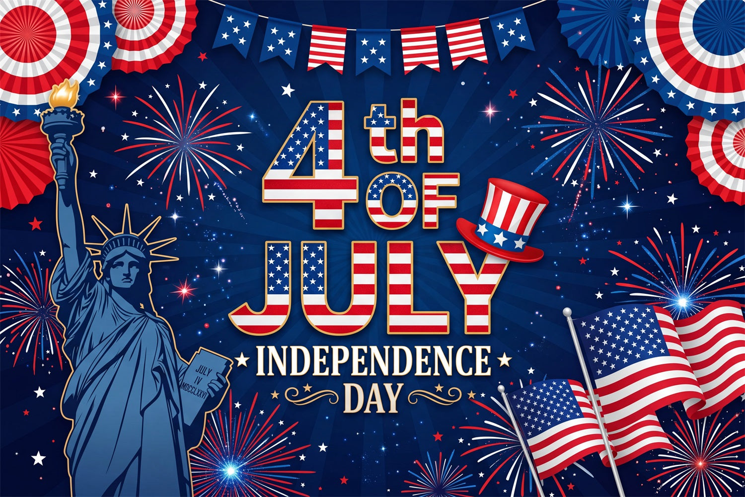 America 250th Anniversary Patriotic Backdrop Statue of Liberty Fireworks Happy 4th of July Backdrop RR64-29