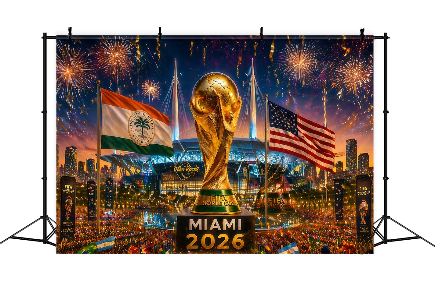 Miami Football Watch Party Backdrop Miami World Cup Trophy Host City Landmarks Backdrop RR64-37