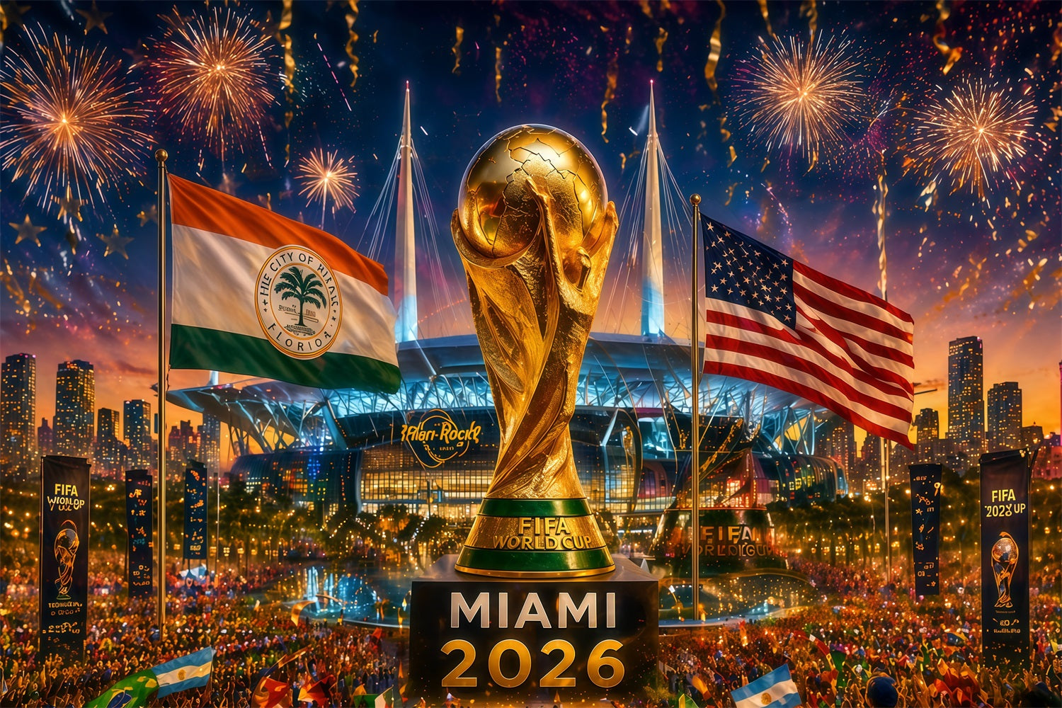 Miami Football Watch Party Backdrop Miami World Cup Trophy Host City Landmarks Backdrop RR64-37