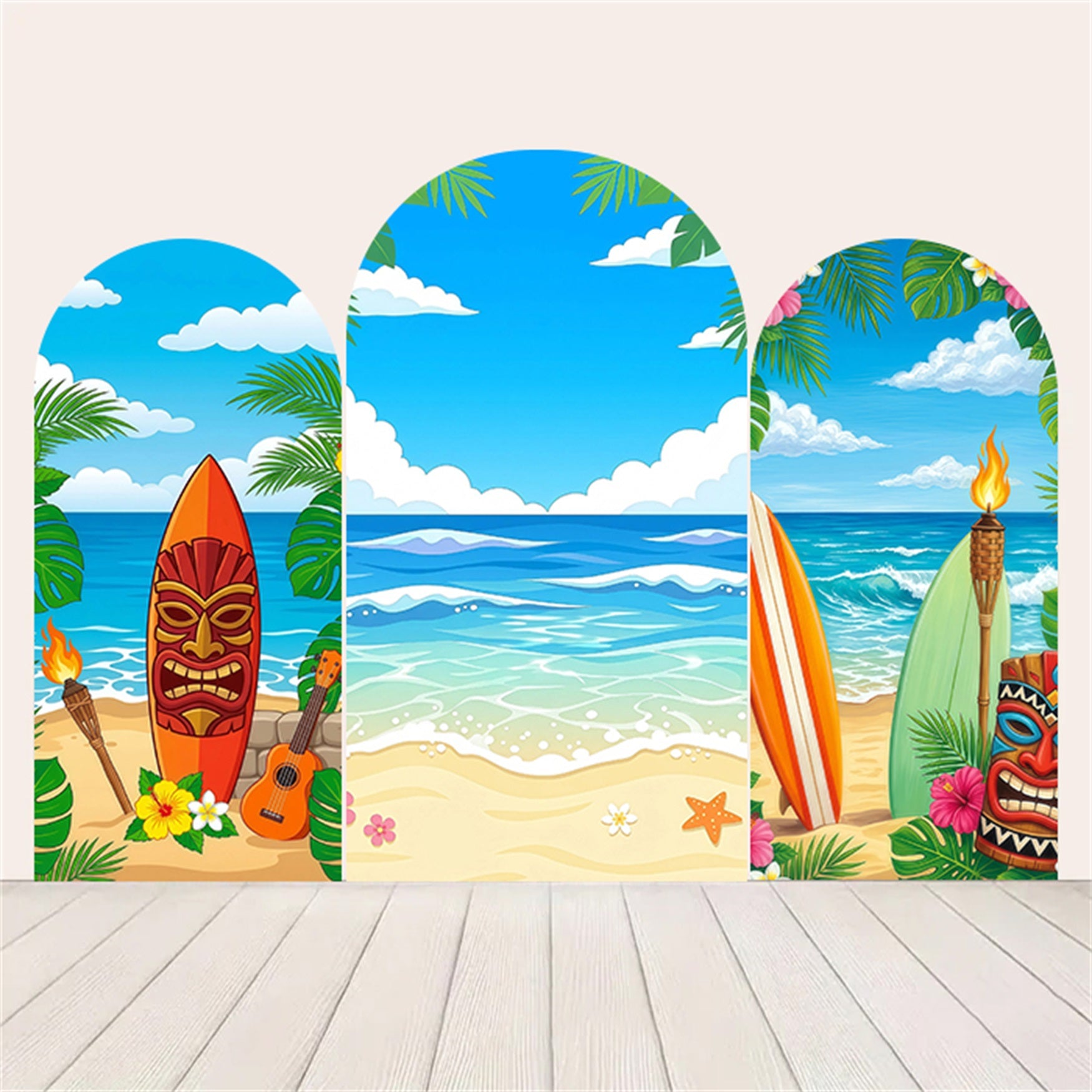 Luau Photo Backdrop Tropical Tiki Surfboard Beach Panels Luau Dessert Table Backdrop RR64-41